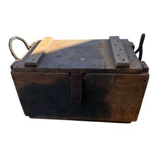 Vintage Wooden Ammo Chest with Rope Handles and Lid